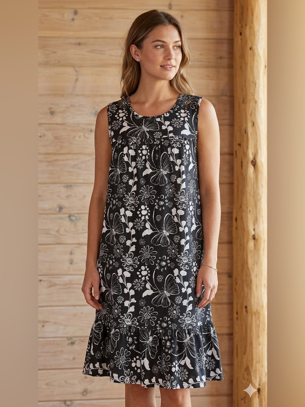 Black & White Butterfly Floral Sleeveless Dress